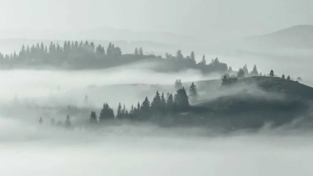 Layered forest landscape shrouded in mist, representing the lack of visibility in consulting spend