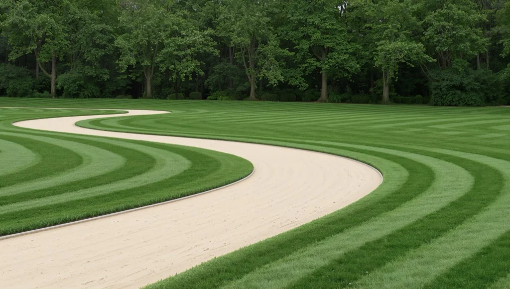 Perfectly manicured golf course with curved sand bunker and striped grass, representing excellence and precision