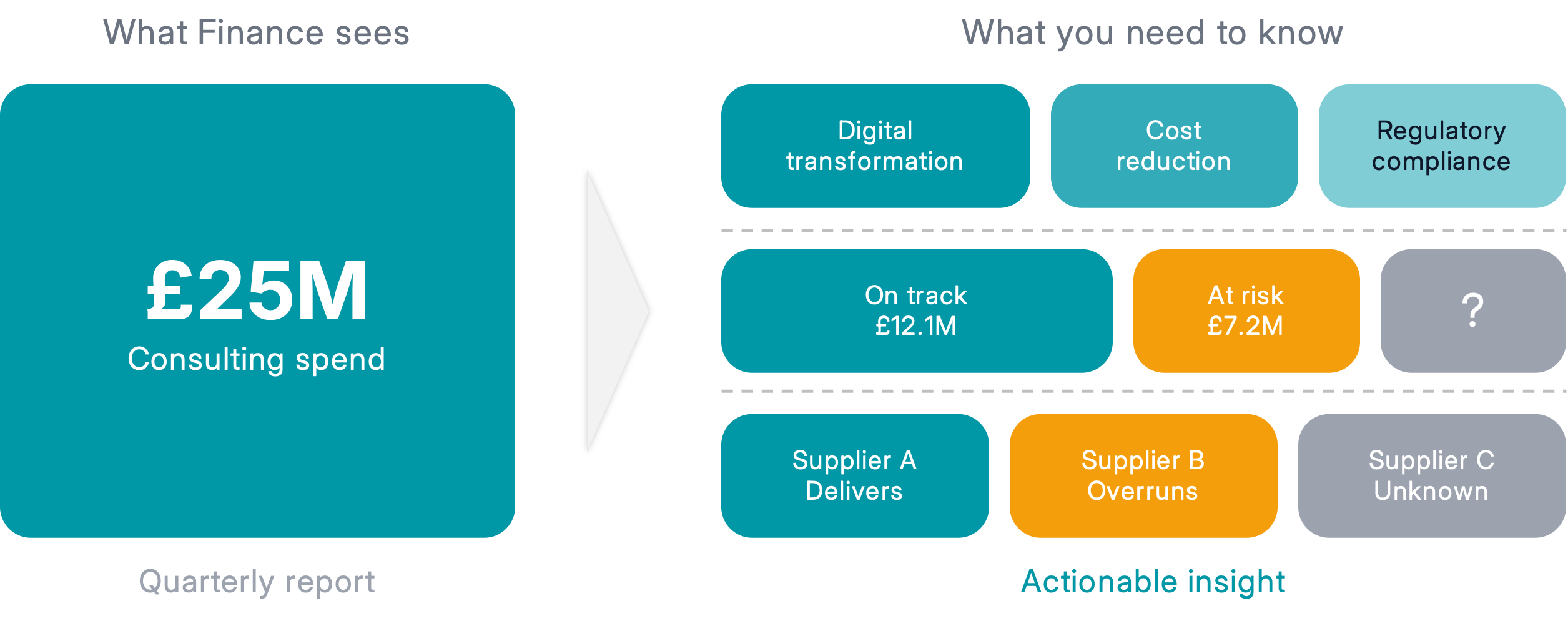 Comparison showing what finance sees (total consulting spend in a single figure) versus what you need to know (breakdown by strategic initiatives, project status, and supplier performance)